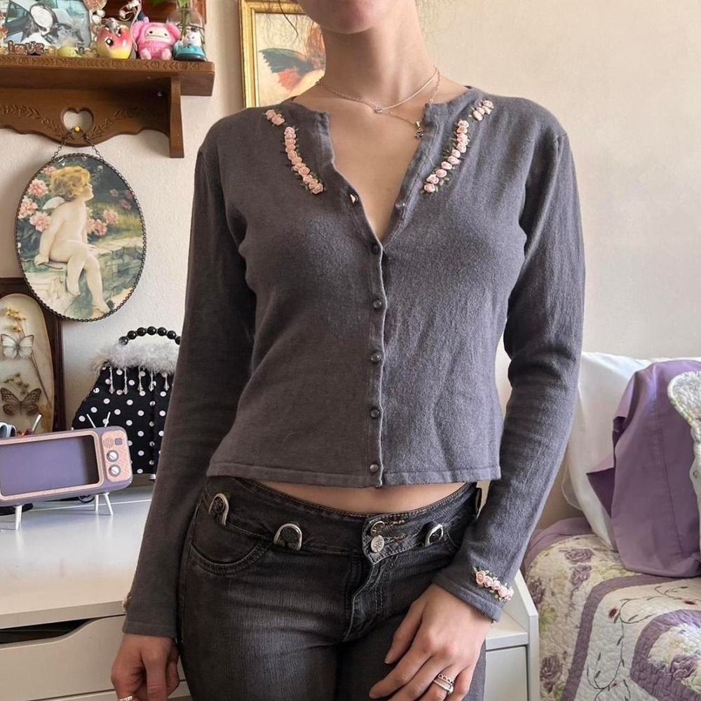 Jonathan Martin Grey Floral Cardigan Sweater 90s Vintage Rosebud Coquette Medium